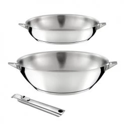 Cuisinox Casseroles 1 Wok Inox 28cm, 1 Poêle Inox 24cm, 1 Poignée Amovible En Acier Inoxy
