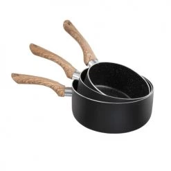 Livoo Set 3 Casseroles Aspect Pierre Et Bois En Aluminium Noir